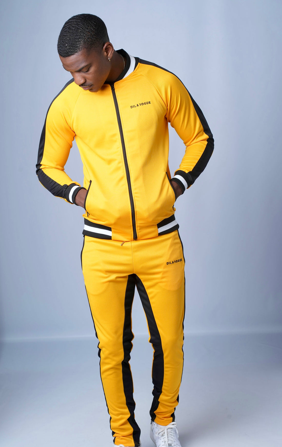 Yellow tracksuit best sale with black stripe